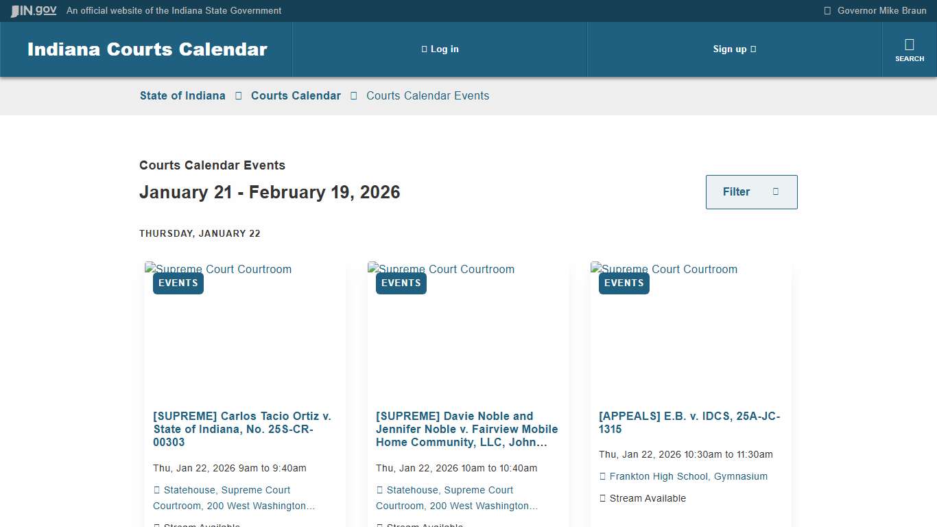 Courts Calendar Events on January 21 - February 19, 2026 - State of Indiana