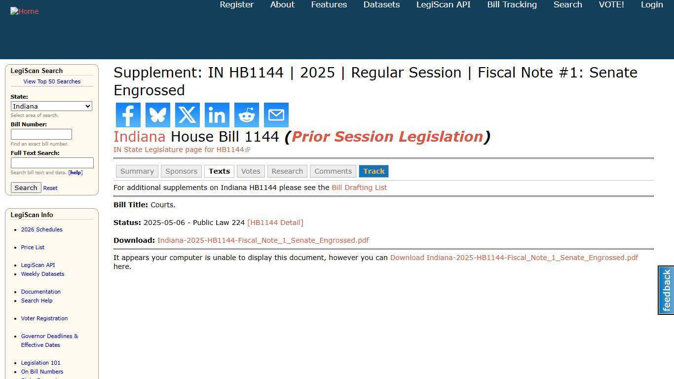 Supplement: IN HB1144 | 2025 | Regular Session | Fiscal Note #1: Senate Engrossed | LegiScan